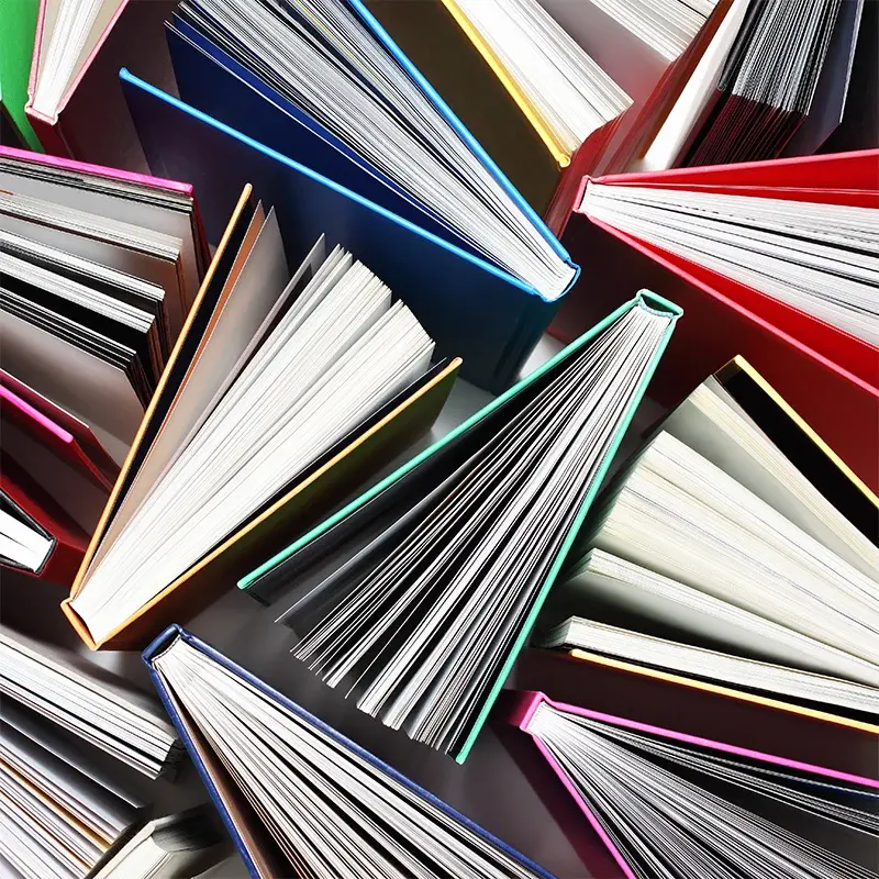 Stacked and open books showing bound printed pages