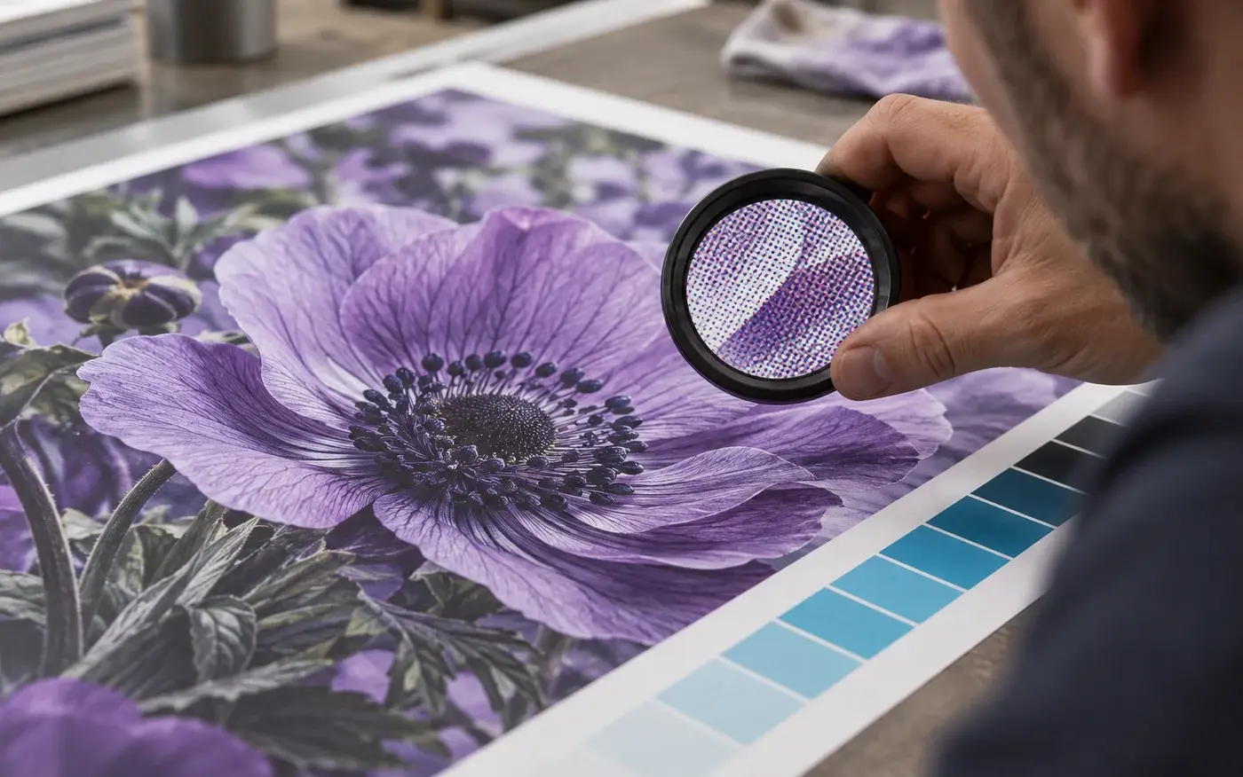 Illustration: Magnifier inspecting detail on a large printed sheet.